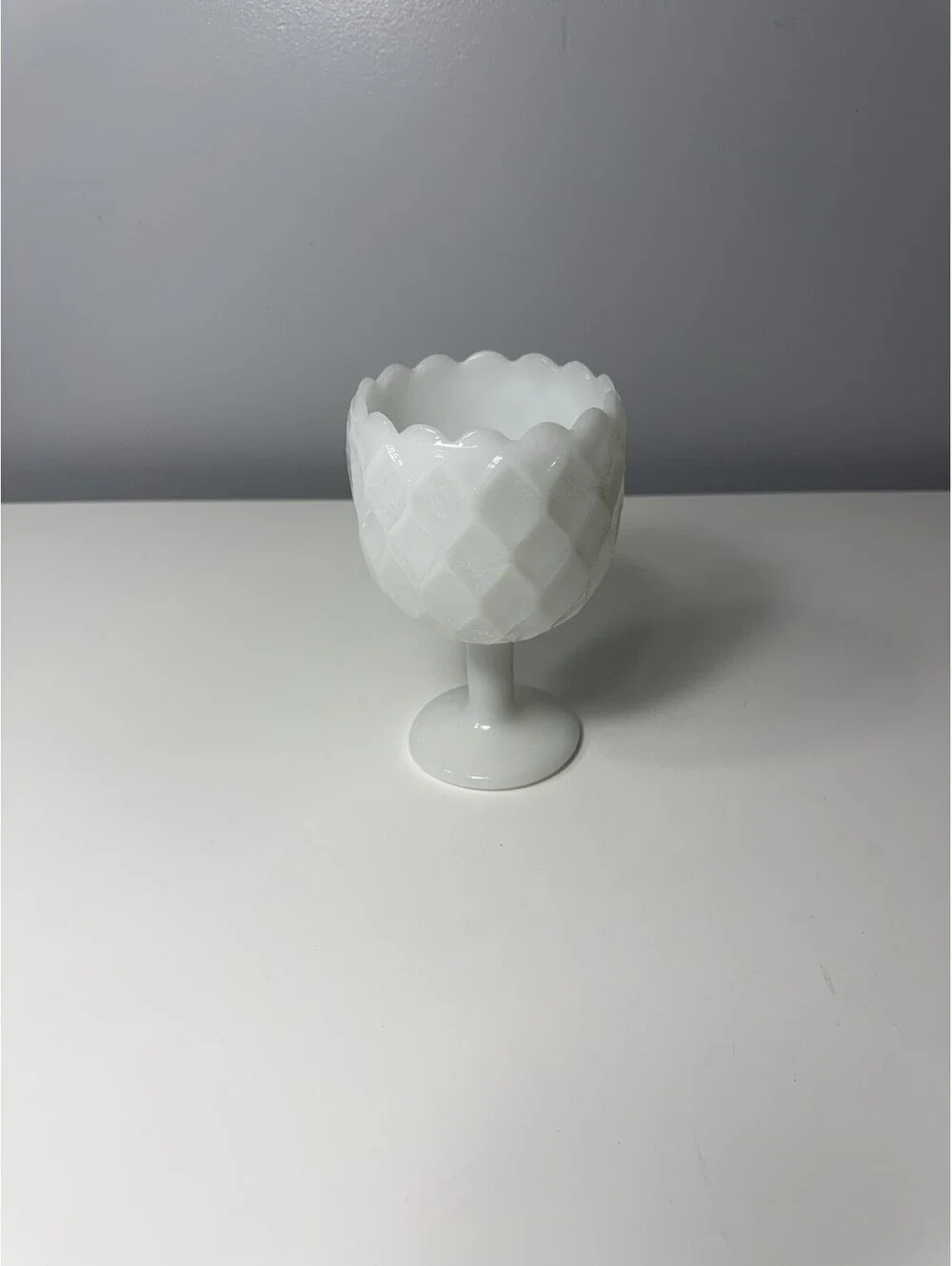 VTG Diamond Quilted White Milk Glass Water Wine Goblet Compote Pedestal 6.25” H